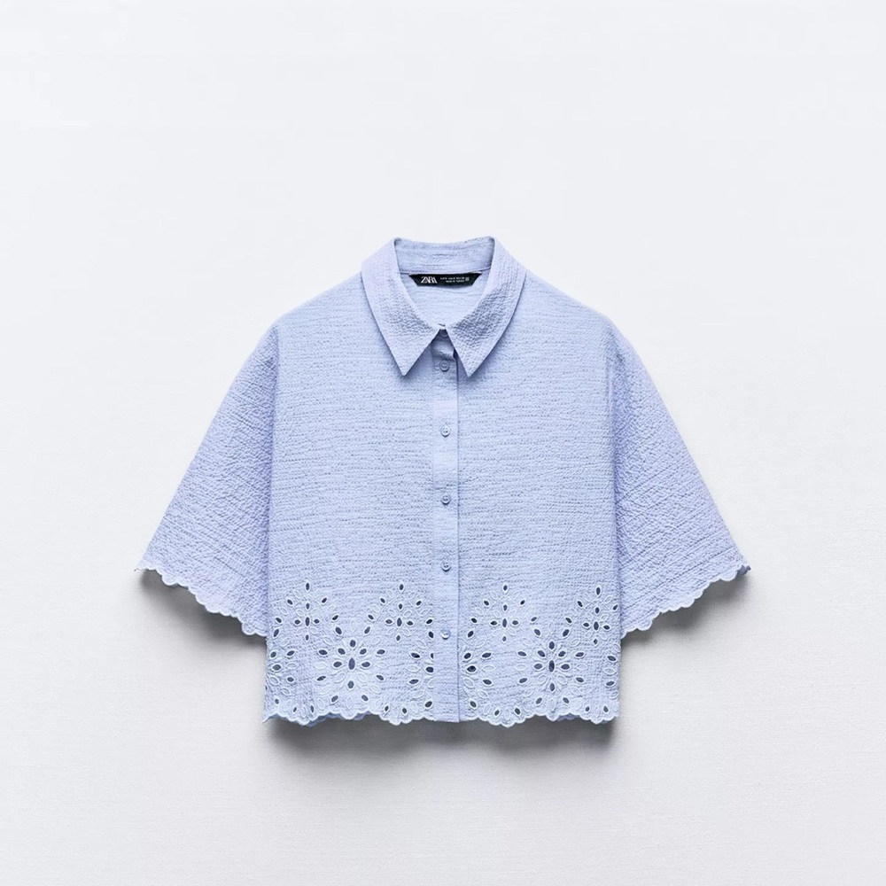 NWT Zara Cropped Embroidered Eyelet Button Down Top
